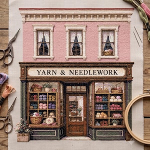 May include: A cross-stitch embroidery on fabric depicting a storefront with the text YARN & NEEDLEWORK. The building features a pink facade, three windows, and a dark brown storefront with shelves filled with colorful yarn and craft supplies.