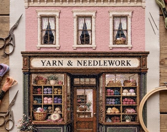 May include: A cross-stitch embroidery on fabric depicting a storefront with the text YARN & NEEDLEWORK. The building features a pink facade, three windows, and a dark brown storefront with shelves filled with colorful yarn and craft supplies.