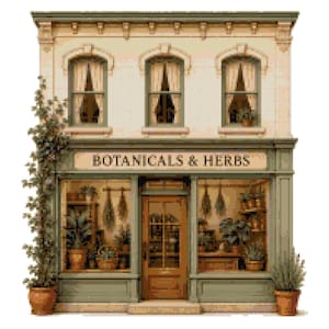 May include: A two-story storefront with a sage green facade and a sign reading BOTANICALS & HERBS. The building features three upper windows with curtains, a central wooden door, and large display windows filled with various potted plants.