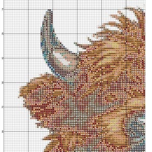 May include: A cross-stitch pattern featuring a detailed design of a Highland cow's head. The pattern uses a grid of squares with various colors, including shades of brown, beige, and blue. The text "2025" and "Page: 1" are visible.