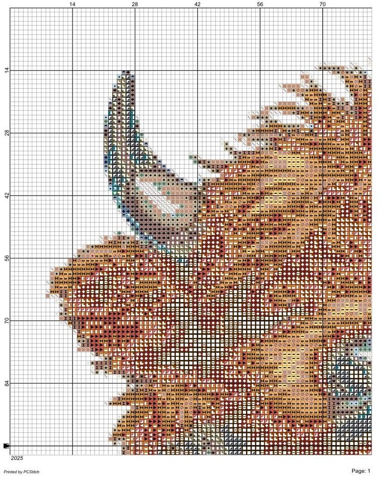 May include: A cross-stitch pattern featuring a detailed design of a Highland cow's head. The pattern uses a grid of squares with various colors, including shades of brown, beige, and blue. The text "2025" and "Page: 1" are visible.