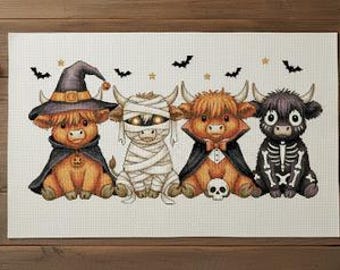 Highland Cow Halloween Cross Stitch Pattern: Witch, Vampire, Mummy, Skeleton (PDF Pattern