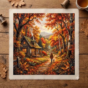 May include: A square cross-stitch embroidery piece depicting an autumn forest scene with a small cabin, a winding path, and a person walking a dog. The landscape features vibrant orange, red, and yellow foliage, tall trees, and a distant mountain.