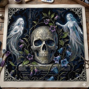 May include: A square cross-stitch embroidery piece featuring a central ornate skull resting on a stone pedestal, surrounded by purple bell-shaped flowers and green leaves. Two ethereal, translucent female figures flank the skull against a dark background.