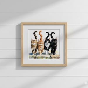 Kruissteekpatroon vier katten: gestreept, smoking, zwarte kat (digitale png-download)