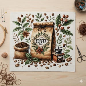 Może przedstawiać: Wzór haftu krzyżykowego przedstawiający brązową papierową torbę na kawę z napisem "Coffee Bag" otoczonym wieńcem. Widoczny jest również mały worek jutowy wypełniony ziarnami kawy, młynek do kawy i rozrzucone ziarna kawy.