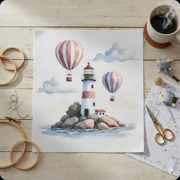 Lighthouse Hot Air Balloons Cross Stitch Pattern, Coastal Whimsy