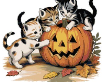 ハロウィンの子猫のクロスステッチパターン：カボチャのジャック・オー