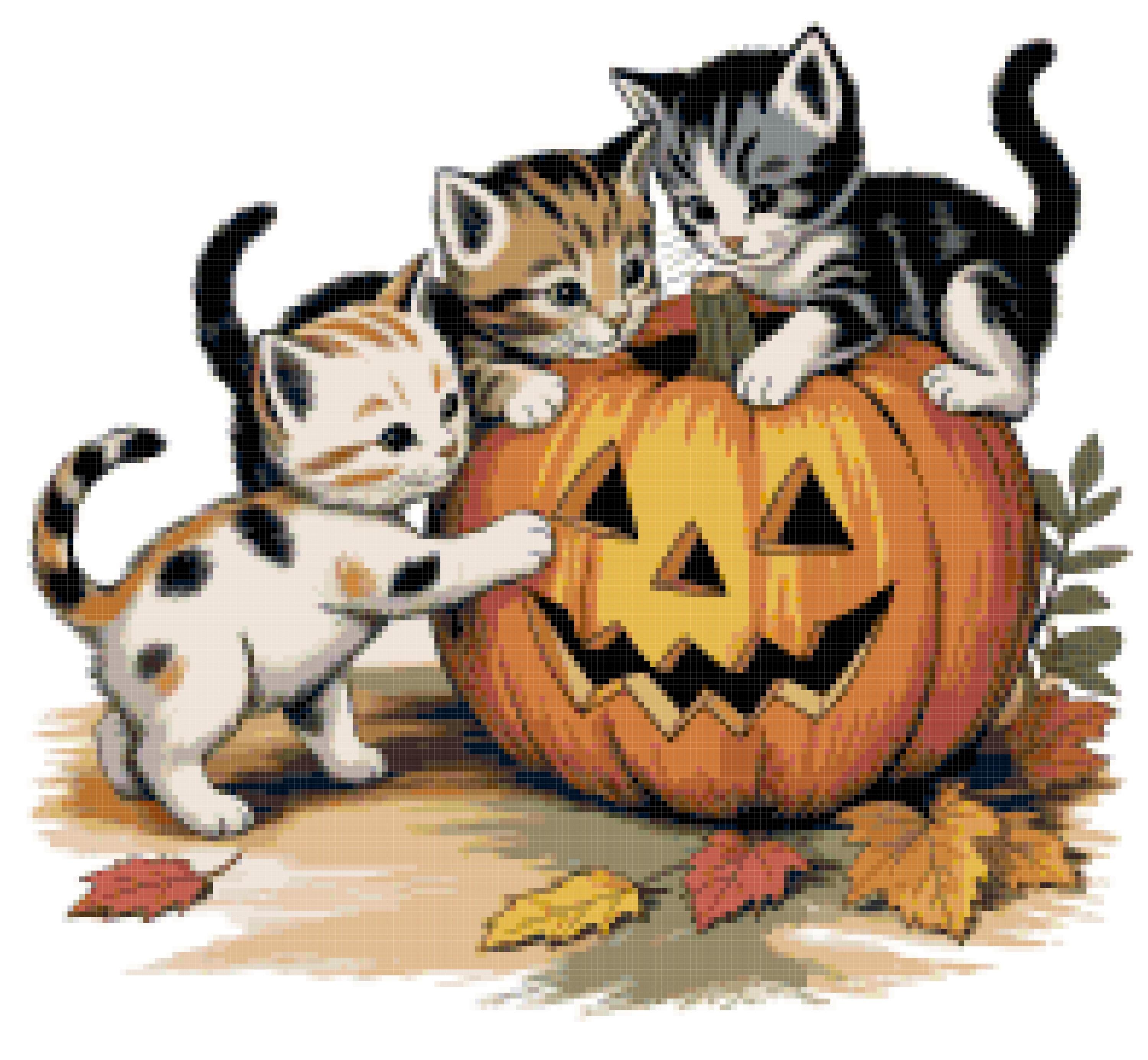 ハロウィンの子猫のクロスステッチパターン：カボチャのジャック・オー