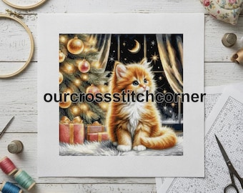 Patrón de punto de cruz de gatito navideño: Gato navideño, escena a la luz de la luna (PDF)