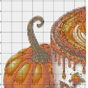 May include: A cross-stitch pattern featuring a pumpkin with a curly stem and the word "SPOOKY" in white. The pumpkin is orange, brown, and yellow, with a detailed design. The pattern is on a grid.