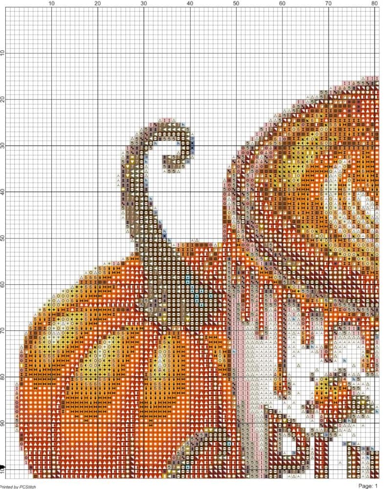 May include: A cross-stitch pattern featuring a pumpkin with a curly stem and the word "SPOOKY" in white. The pumpkin is orange, brown, and yellow, with a detailed design. The pattern is on a grid.