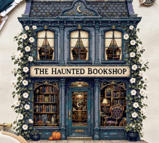 Halloween Haunted Bookshop Counted Cross Stitch Pattern PDF