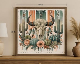 Può includere: Una stampa ad acquerello incorniciata con un teschio di toro, cactus, piume ed elementi floreali. L'opera d'arte è larga 50.8 cm e alta 48.3 cm, con un tema rustico del sud-ovest.