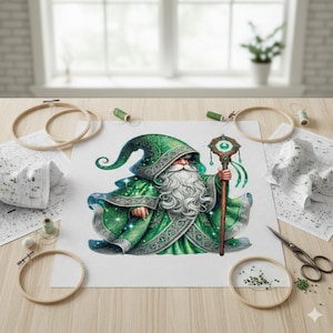 Modèle de point de croix sorcier vert : mage fantastique celtique (fichier PDF Pattern Keeper inclus