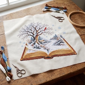 Könnte beinhalten: Ein Kreuzstich-Stoffstück mit einem aufgeschlagenen Buch, aus dessen Seiten eine Winterszene mit einem verschneiten Baum, einem roten Kardinal und einer Bank hervorgeht. Das Set enthält Stickgarn in Braun, Blau und Weiß, eine Schere und einen Stickrahmen.