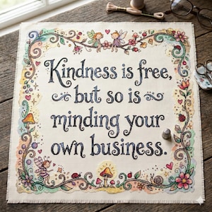 May include: A square cross-stitch embroidery on off-white fabric featuring the text "Kindness is free, but so is minding your own business." The border is decorated with colorful illustrations of fairies, mushrooms, flowers, hearts, and a snail.