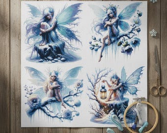 Winter Frost Fairy-collectie: set van 4 getelde kruissteekpatronen, digitale pdf-download