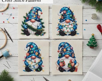 May include: Set of four cross-stitch patterns featuring Christmas gnomes. Each gnome has a blue hat adorned with ornaments and lights. The gnomes are surrounded by a Christmas tree, lights, and gifts. The text "Set of 4 Christmas Gnome Cross Stitch Patterns" is at the top.