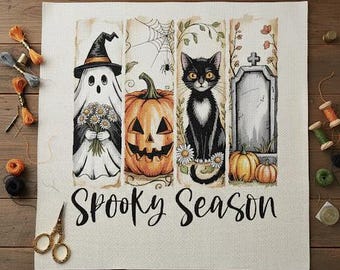Halloween Cross Stitch Pattern: Ghost, Cat, Pumpkin, Graveyard (PDF + PNG for Cricut)