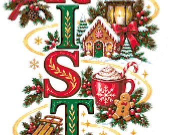 Schema per punto croce con stendardo natalizio, campionario di Babbo Natale per le festività, decorazione invernale festiva da parete, punto croce contato, download digitale in PDF