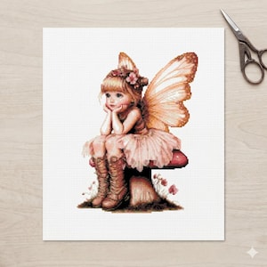 Fairy Child Mushroom Cross Stitch Pattern, Whimsical Forest Pixie Chart (PDF Download)