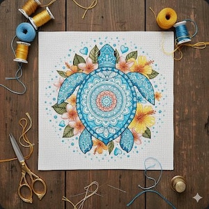 May include: A cross-stitch pattern featuring a blue sea turtle with a mandala design on its shell, surrounded by flowers and hearts. The artwork is on white fabric, with spools of thread, scissors, and needles around it.
