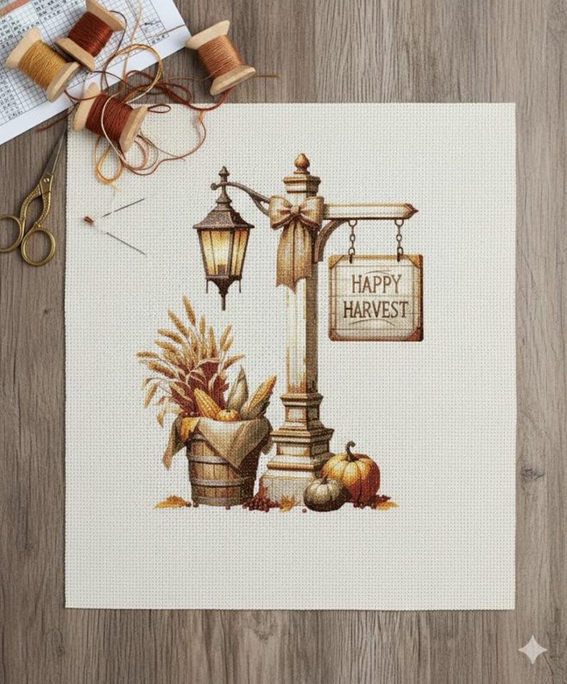 Autumn Lamppost Counted Cross Stitch Pattern: Happy Harvest Sign (PDF ...