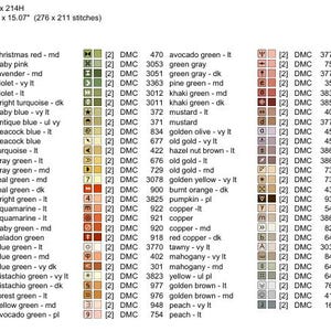 Puede incluir: Una carta de colores para proyectos de punto de cruz, con una leyenda de colores y n&uacute;meros de hilos DMC. La tabla muestra un tama&ntilde;o de cuadr&iacute;cula de 280A x 214A y un &aacute;rea de dise&ntilde;o de 50.06 cm x 38.28 cm.