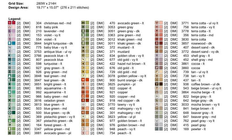 Puede incluir: Una carta de colores para proyectos de punto de cruz, con una leyenda de colores y n&uacute;meros de hilos DMC. La tabla muestra un tama&ntilde;o de cuadr&iacute;cula de 280A x 214A y un &aacute;rea de dise&ntilde;o de 50.06 cm x 38.28 cm.