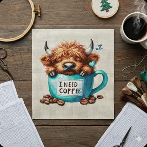 May include: A cross-stitch design featuring a Highland cow sleeping in a teal coffee mug. The mug has the text "I NEED COFFEE." Coffee beans are scattered around the mug. A cup of coffee and embroidery supplies are also visible.