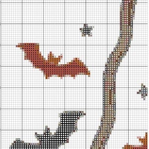 May include: Cross-stitch pattern featuring bats and a stylized tree branch. The bats are rendered in shades of black, brown, and orange. The background is a grid of white squares, perfect for needlepoint.