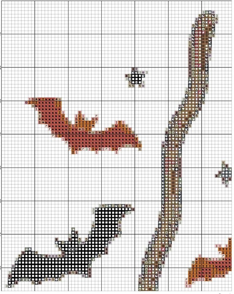 May include: Cross-stitch pattern featuring bats and a stylized tree branch. The bats are rendered in shades of black, brown, and orange. The background is a grid of white squares, perfect for needlepoint.
