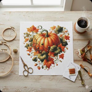 May include: A cross-stitch design featuring a vibrant orange pumpkin surrounded by autumn leaves. The artwork is on white fabric, with embroidery hoops, scissors, and thread spools nearby. A cup of coffee sits on a coaster.