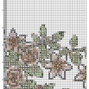 May include: A cross-stitch pattern chart on a white grid background, featuring a floral design with various symbols in shades of green, brown, pink, and black. The grid includes numbered axes from 100 to 140 horizontally and 10 to 60 vertically.