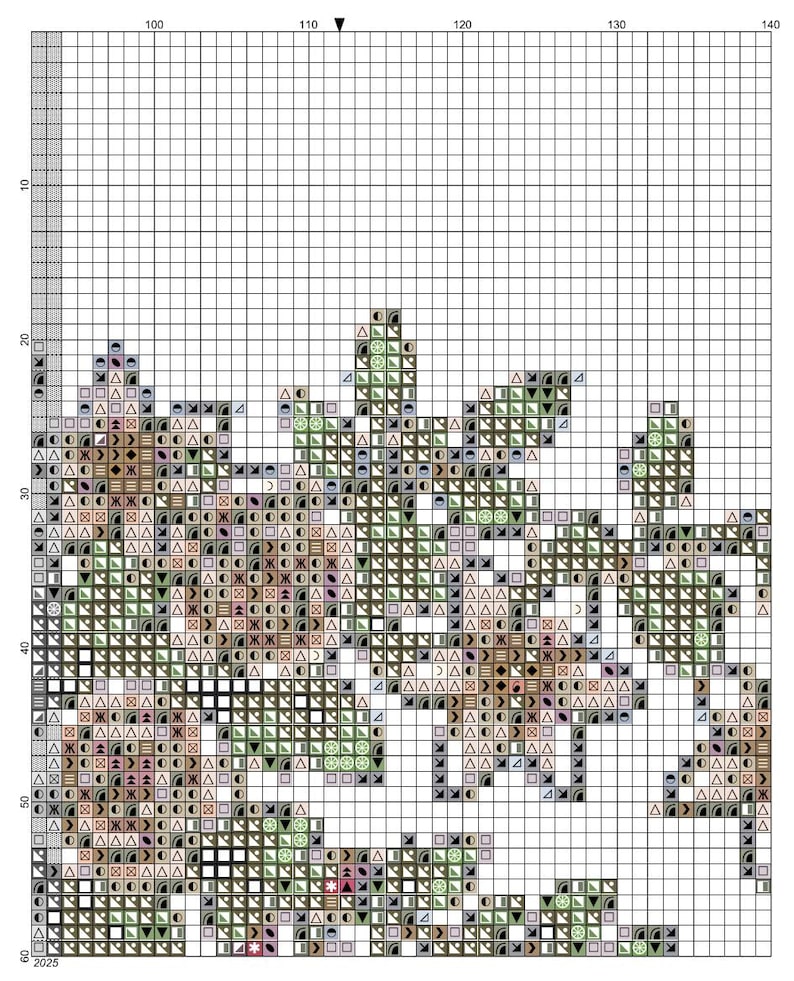 May include: A cross-stitch pattern chart on a white grid background, featuring a floral design with various symbols in shades of green, brown, pink, and black. The grid includes numbered axes from 100 to 140 horizontally and 10 to 60 vertically.