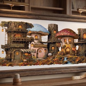 Pode incluir: Uma obra de arte emoldurada que retrata casas de cogumelos caprichosas com os textos "Seed & Garden Shop", "Soap & Bath Shop" e "Bistro". As casas têm chapéus de cogumelos coloridos e estão situadas em uma cena de floresta com uma pequena cachoeira. A obra de arte está em uma moldura de madeira escura.