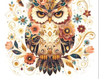 Floral Boho Owl counted cross stitch pattern – PDF download for Pattern Keeper & Printing