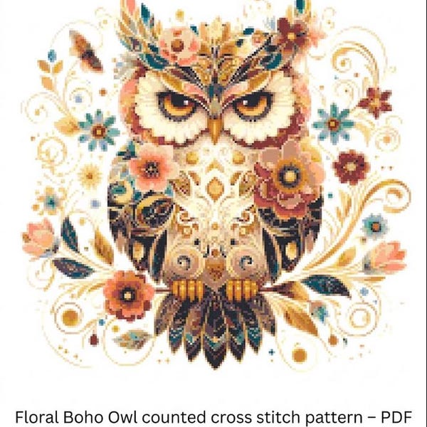 Floral Boho Owl counted cross stitch pattern – PDF download for Pattern Keeper & Printing