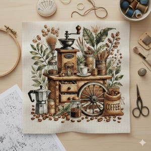 Puede incluir: Diseño de punto de cruz que representa un carrito de café con un molinillo, una cafetera y granos de café. El diseño incluye una rueda, tarros y una bolsa con la etiqueta "COFFEE". La paleta de colores es cálida, con marrones y verdes.