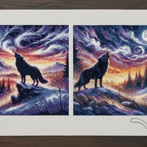 May include: Cross-stitch art featuring two panels of a howling wolf silhouette against a vibrant night sky with a full moon. The artwork is set in a snowy landscape with pine trees, showcasing a detailed, colorful design.