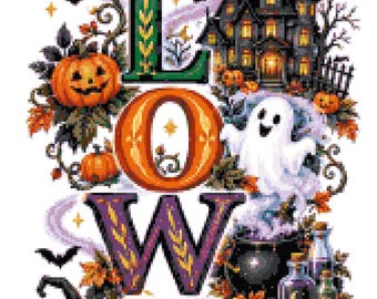 May include: A vertical cross-stitch pattern spelling HALLOWEEN with decorative elements including a black cat, pumpkins, a haunted house, a ghost, a cauldron, a skull, books, and a broomstick, all surrounded by autumn leaves and bats.