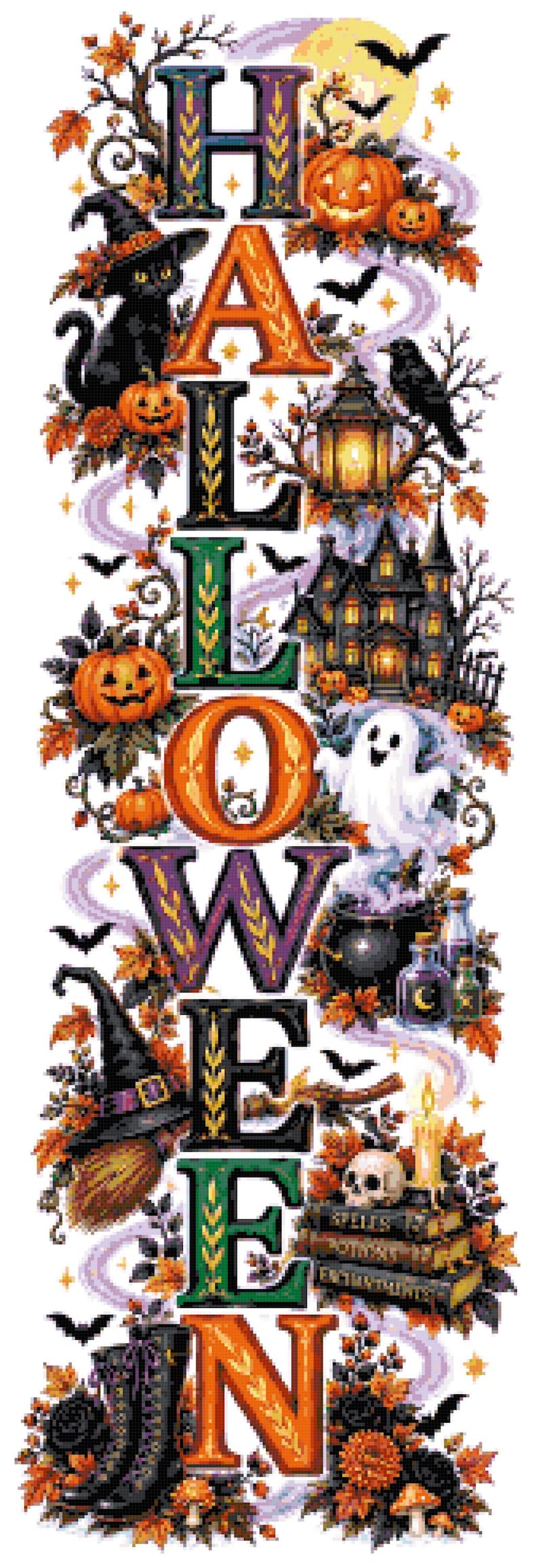 Pode incluir: Um padr&atilde;o de ponto cruz vertical que soletra HALLOWEEN com elementos decorativos, incluindo um gato preto, ab&oacute;boras, uma casa assombrada, um fantasma, um caldeir&atilde;o, uma caveira, livros e uma vassoura, rodeados por folhas de outono e morcegos.