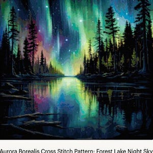Aurora Borealis-kruissteekpatroon: Forest Lake Night Sky (compatibel met PDF-patroonhouder)