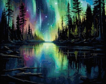 Aurora Borealis Cross Stitch Pattern: Forest Lake Night Sky (PDF Pattern Keeper Compatible)