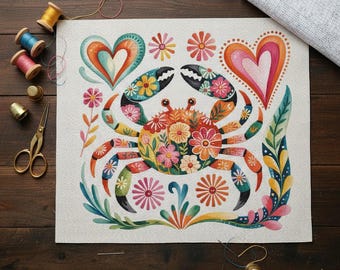 Kreuzstichmuster mit Blumen und Krabbe: Volkskunst-Strandmotiv (PDF-Download)