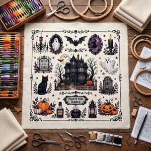 May include: A square fabric panel featuring a cross-stitch pattern of a haunted house, ghosts, a black cat, pumpkins, a tombstone, and a witch. The design includes text reading ENTER IF YOU DARE and HAUNTED HOME, surrounded by ornate black borders.