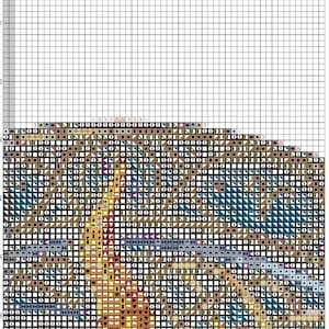 K&ouml;nnte beinhalten: Ein Kreuzstichmuster-Diagramm auf einem wei&szlig;en Rasterhintergrund mit einer dichten Anordnung farbiger Symbole, die verschiedene Garnfarben darstellen. Das Design umfasst eine vertikale gelbe Spalte und horizontale Abschnitte in Blau- und Braunt&ouml;nen.