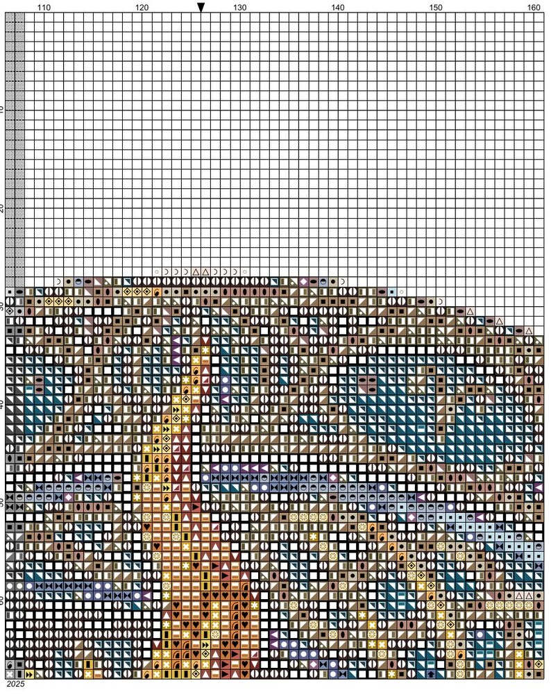 K&ouml;nnte beinhalten: Ein Kreuzstichmuster-Diagramm auf einem wei&szlig;en Rasterhintergrund mit einer dichten Anordnung farbiger Symbole, die verschiedene Garnfarben darstellen. Das Design umfasst eine vertikale gelbe Spalte und horizontale Abschnitte in Blau- und Braunt&ouml;nen.
