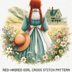 Peut inclure: Un motif de point de croix représentant une jeune fille aux tresses rousses, vêtue d'une robe turquoise et d'un chapeau de paille, dans un champ de fleurs. Une maison verte est en arrière-plan. Le texte en bas indique : RED-HAIRED GIRL CROSS STITCH PATTERN GREEN GABLES PDF CHART (61x61cm).